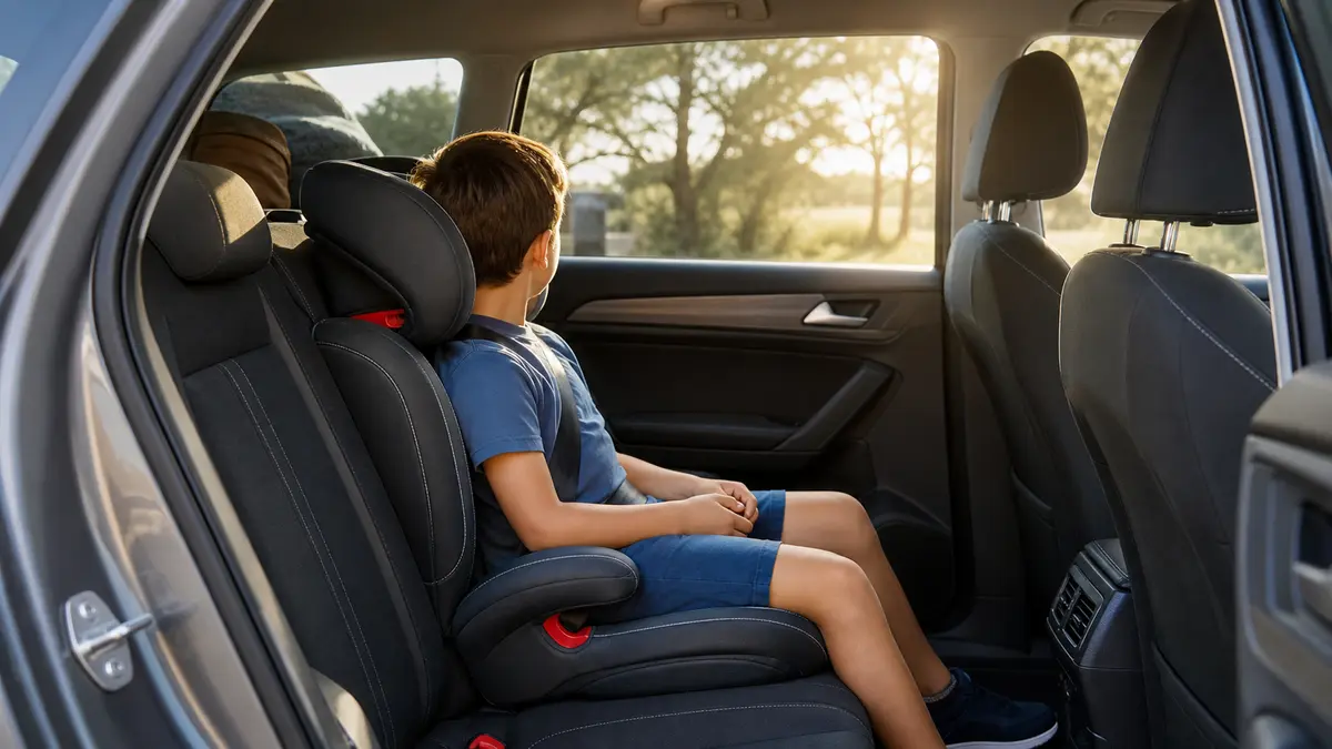 Transport d’un enfant en voiture : le siège auto et l’ajustement de la sangle illustrent les repères de sécurité, sans fixer d’âge limite.