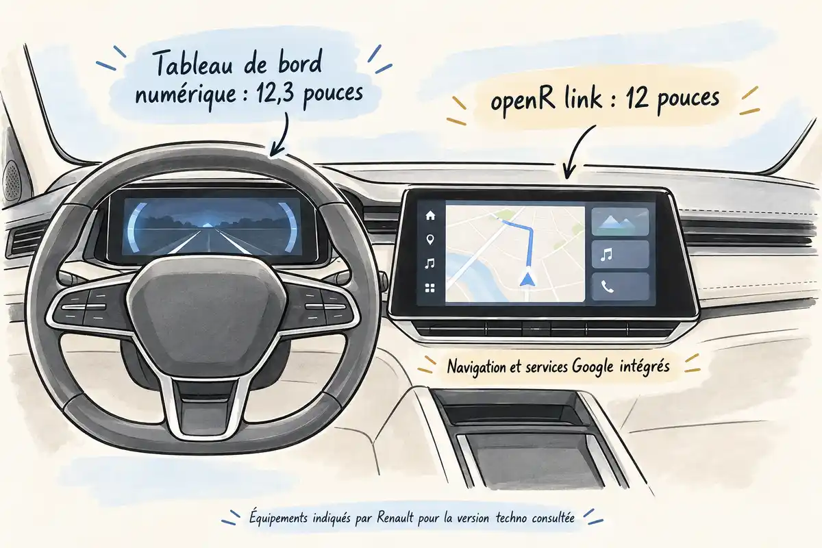 Deux écrans distincts sur la version techno consultée : openR link de 12 pouces au centre et tableau de bord numérique de 12,3 pouces devant le conducteur.