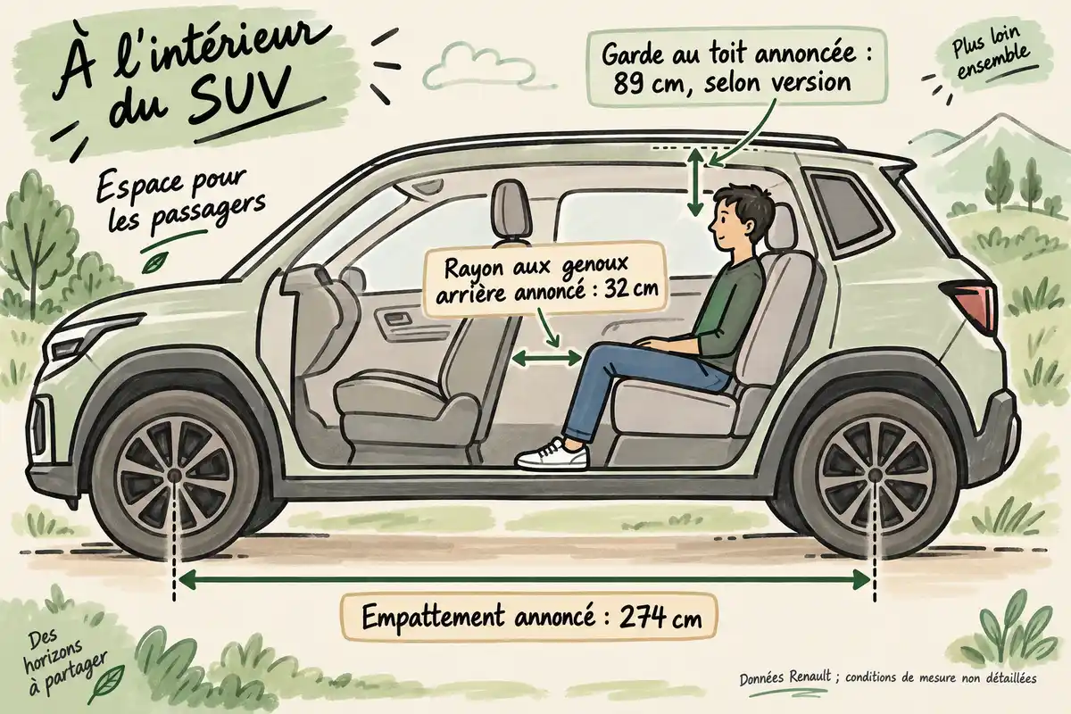 Les repères Renault pour l’espace arrière associent un empattement de 274 cm, 32 cm aux genoux et 89 cm de garde au toit selon la version.