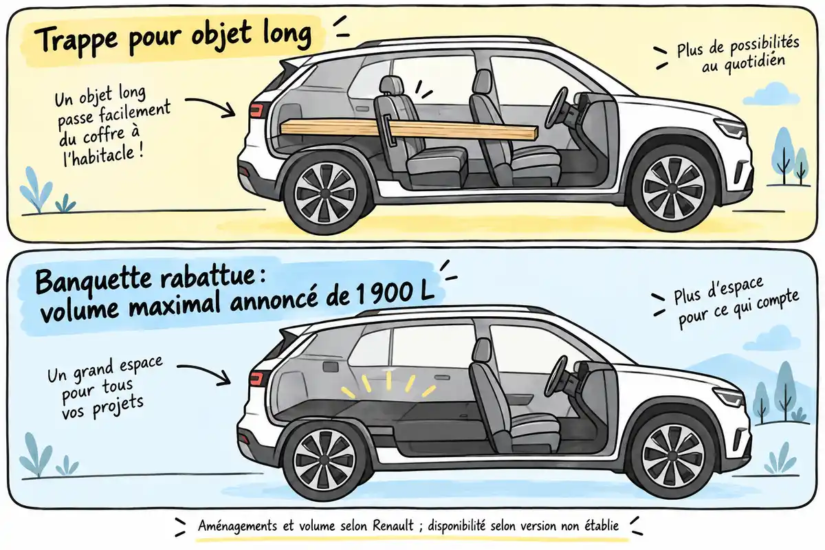 Le coffre distingue 627 L minimum en configuration E-Tech full hybrid et 1 900 L au maximum banquette rabattue ; les usages diffèrent.
