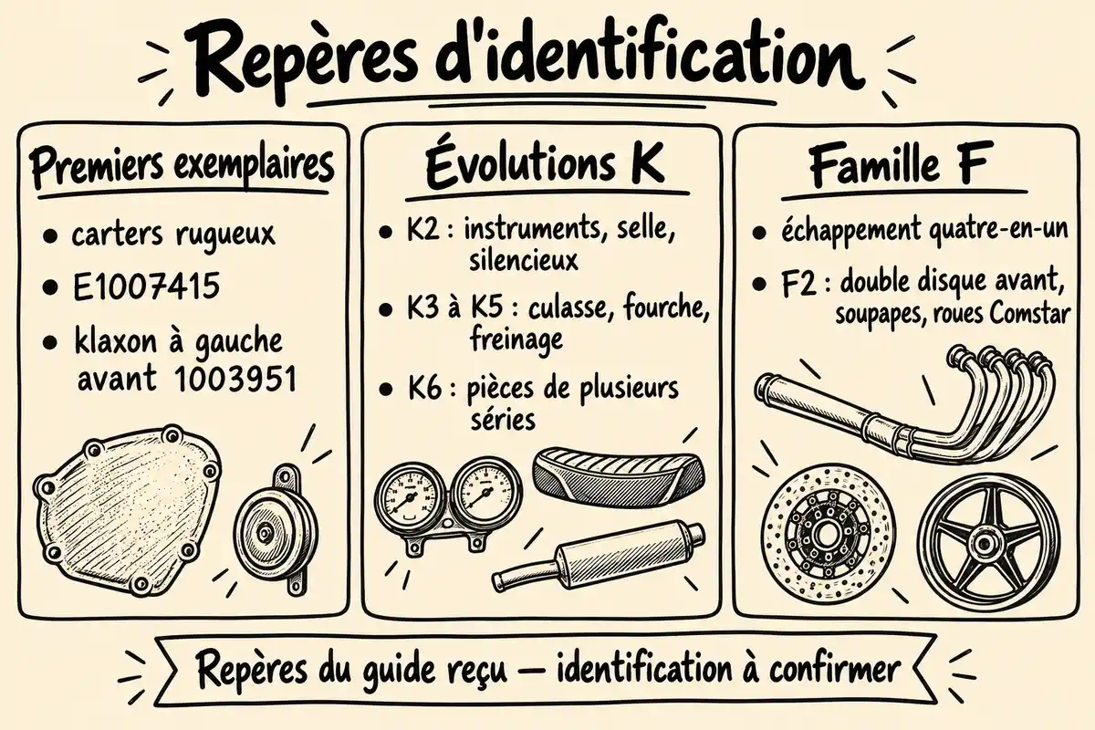 Schéma dessiné au marqueur présentant trois groupes de repères d’identification : premiers exemplaires, évolutions K et famille F, avec des pièces mécaniques illustrées.