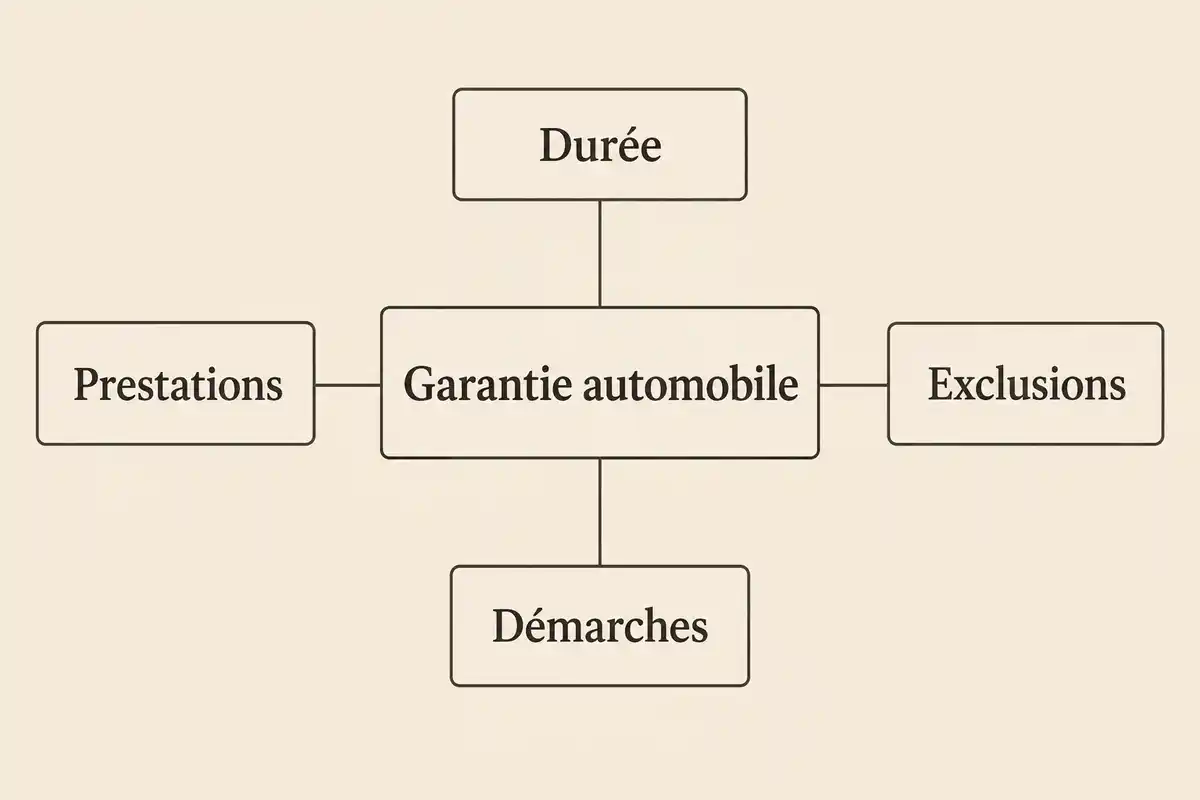Schéma de garantie automobile reliée aux rubriques Durée, Prestations, Exclusions et Démarches.