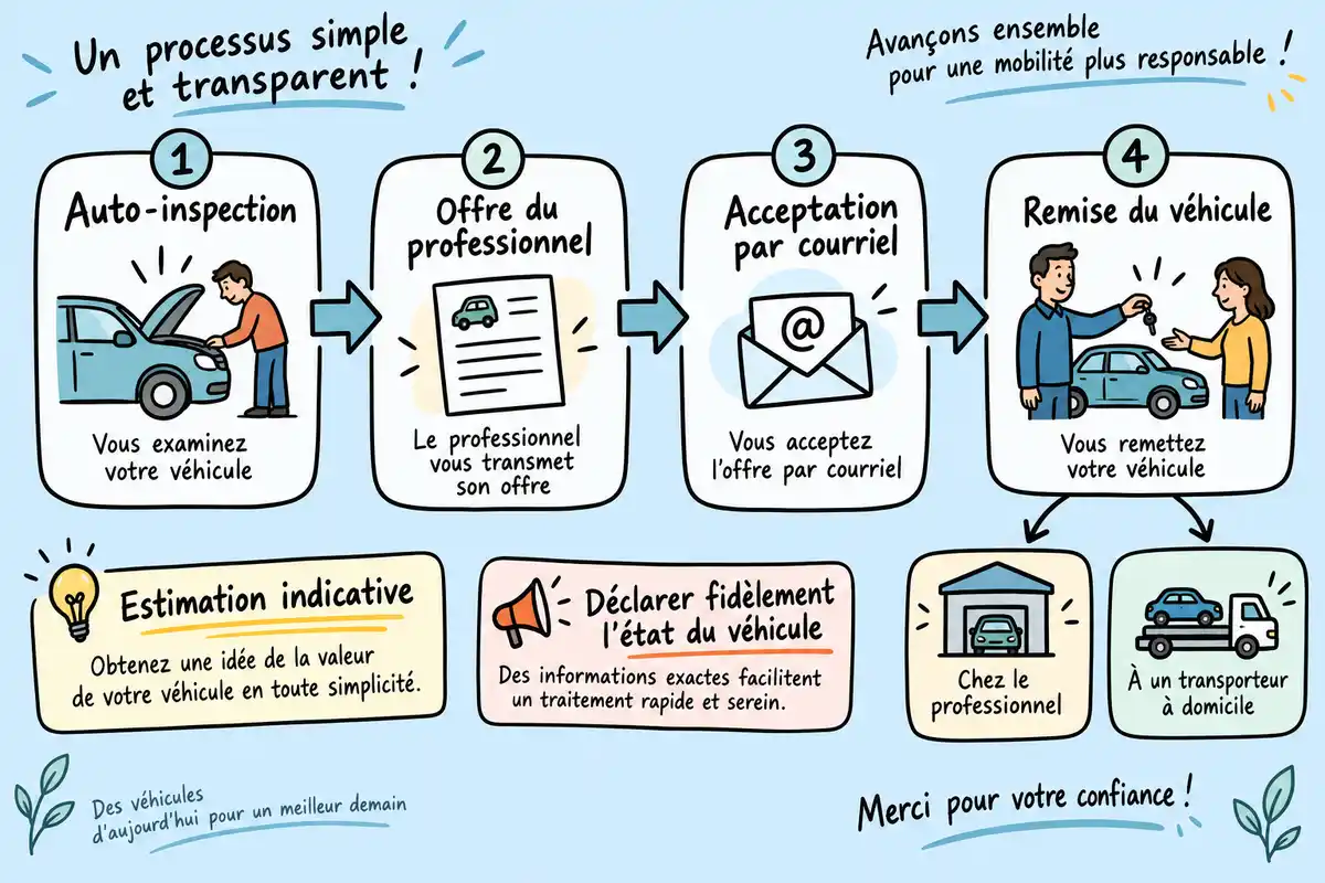 Infographie dessinée à la main présentant quatre étapes de reprise d’un véhicule, de l’auto-inspection à sa remise, avec deux options de remise et des encadrés de rappel.
