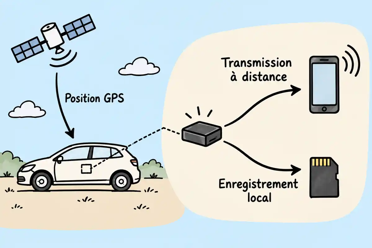 Le GPS calcule une position, tandis que son envoi à distance ou son enregistrement local dépend du dispositif utilisé.