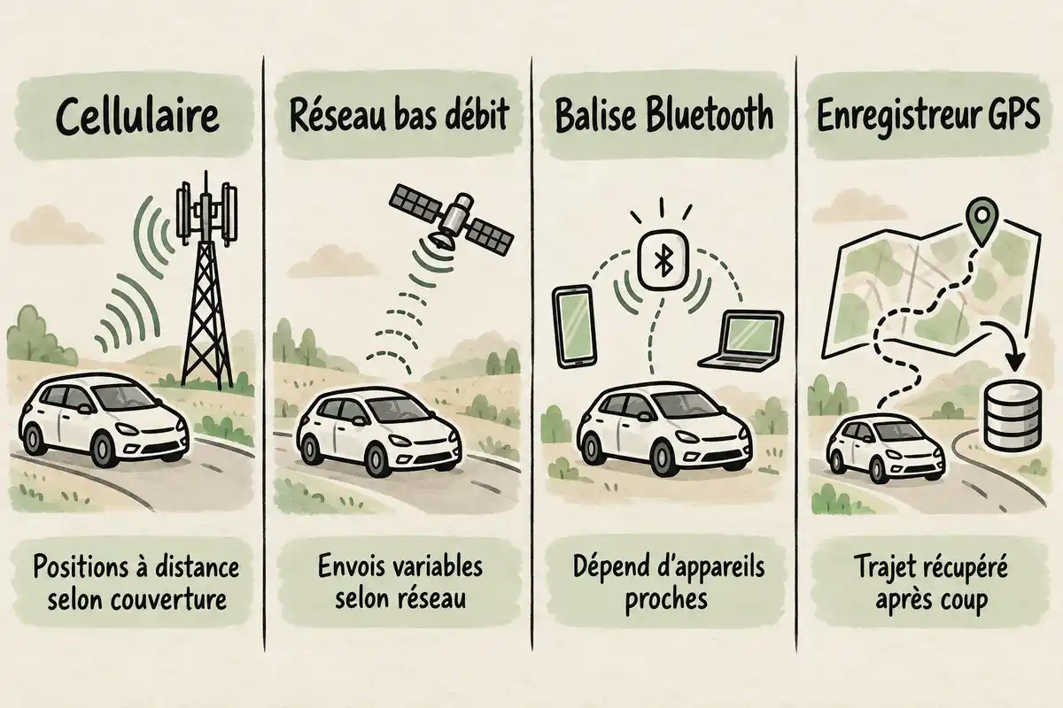 Cellulaire, réseau bas débit, Bluetooth et enregistreur GPS donnent accès à la position à distance, à proximité ou après le trajet.