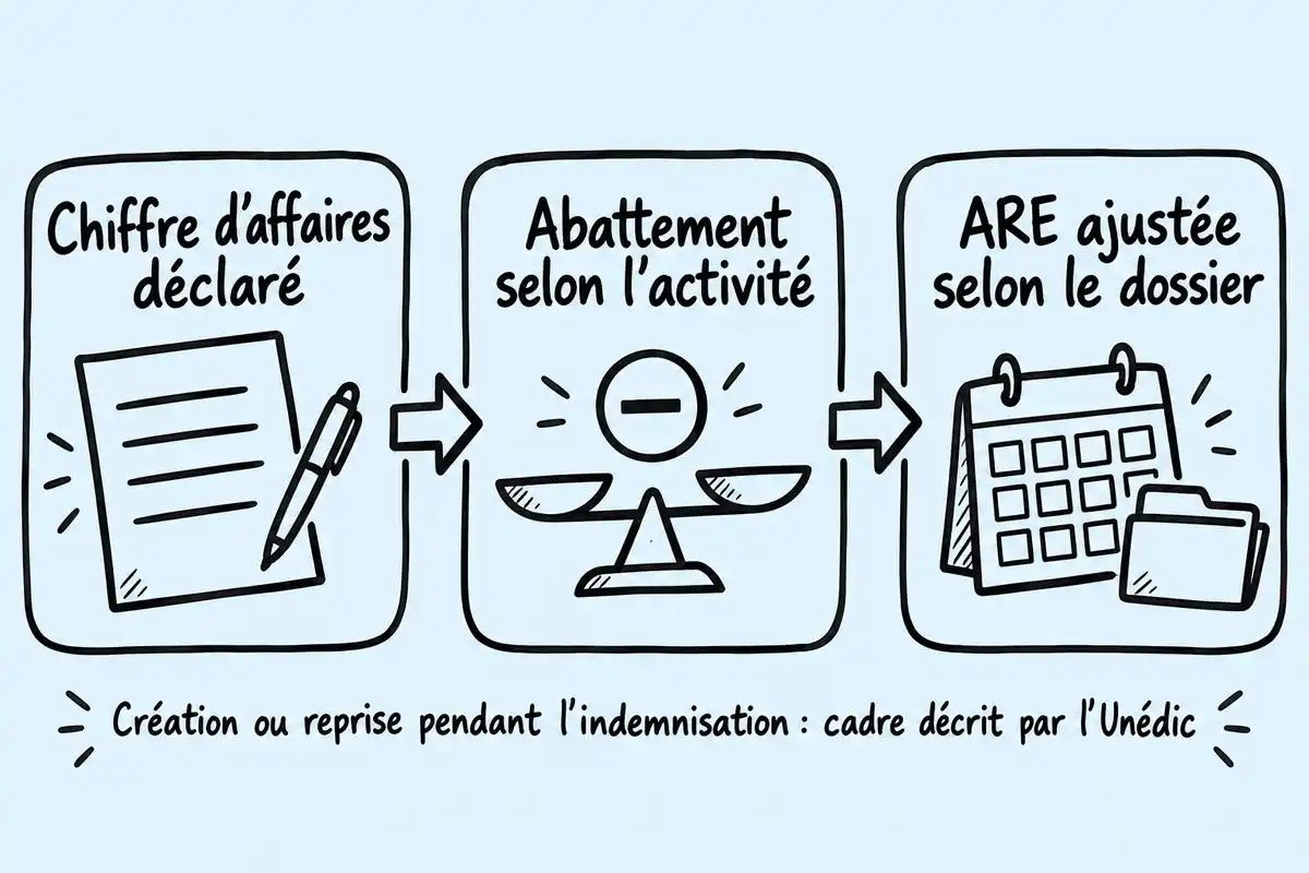 Pour une activité créée pendant l’indemnisation, le chiffre d’affaires est abattu selon l’activité avant l’ajustement de l’ARE au dossier.