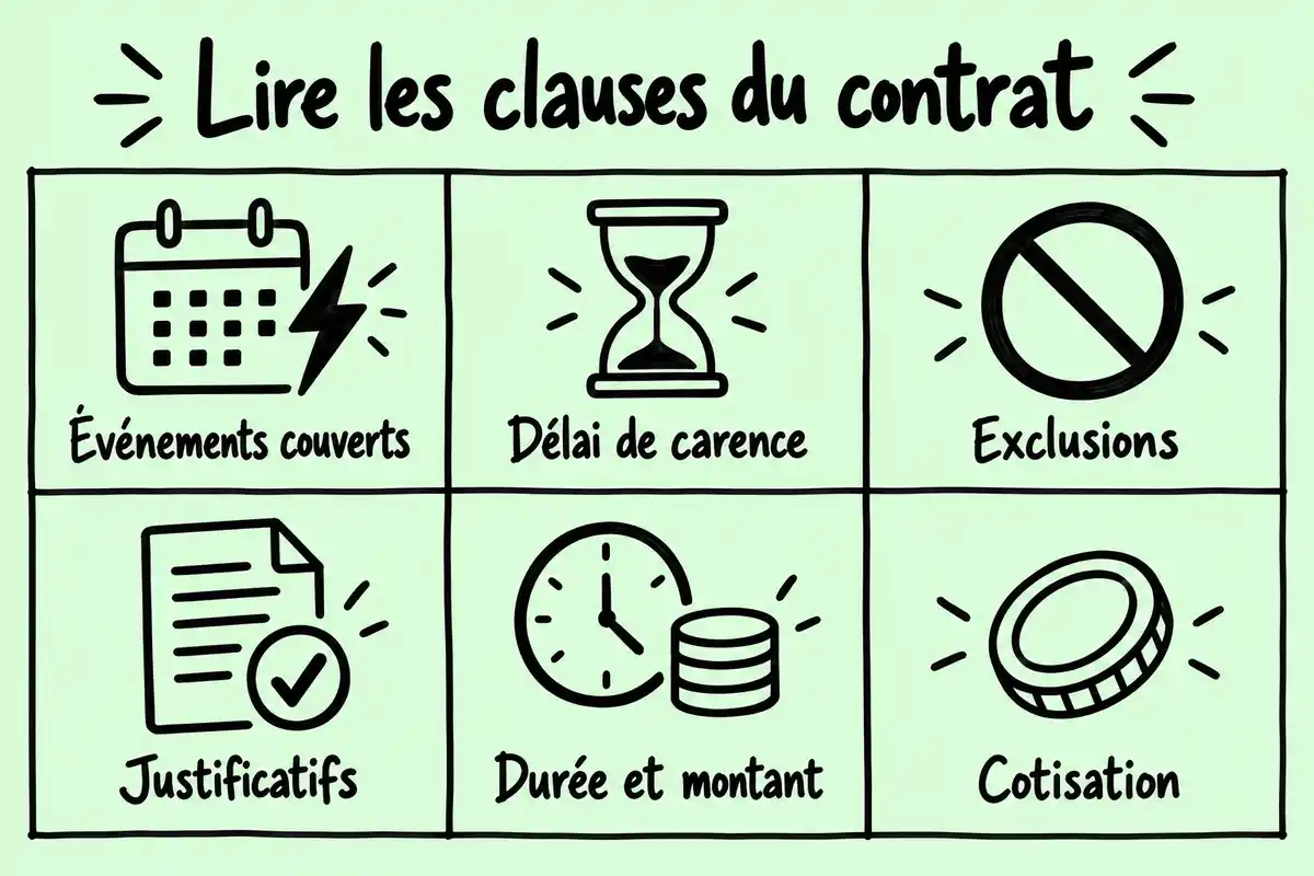 Événements couverts, carence, exclusions, justificatifs, durée, montant et cotisation déterminent les clauses à comparer.
