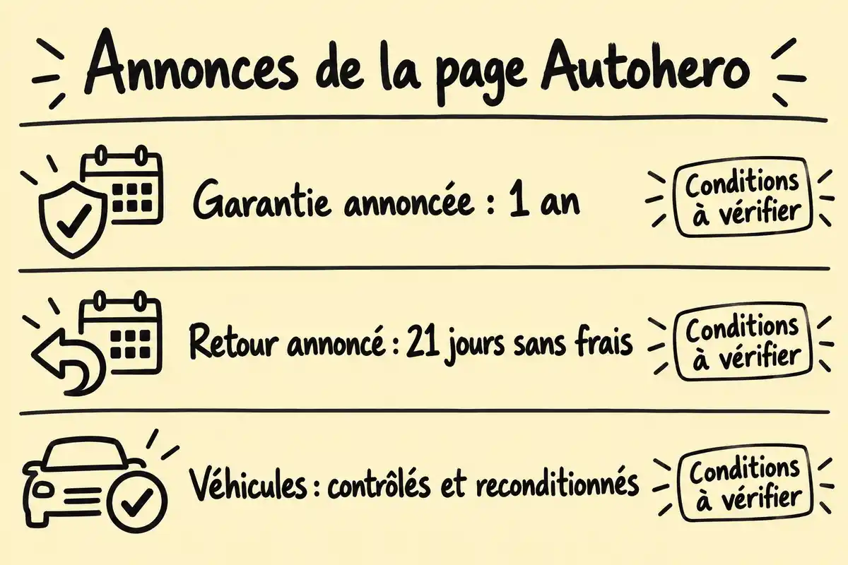 Infographie dessinée au marqueur sur fond beige présentant trois annonces Autohero : garantie d’un an, retour sous 21 jours sans frais, véhicules contrôlés et reconditionnés. Chaque annonce est accompagnée de la mention « Conditions à vérifier ».