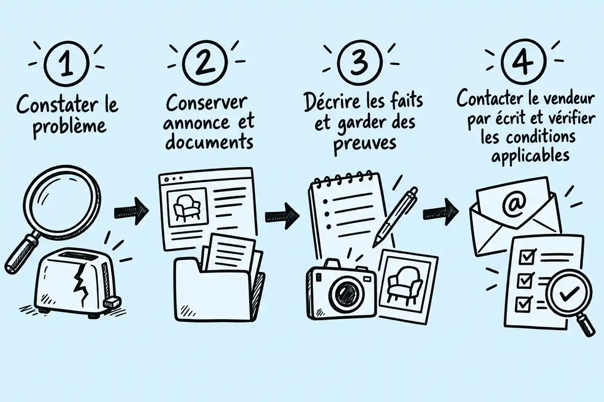 Quatre étapes pour traiter un problème : le constater, conserver l’annonce et les documents, décrire les faits et garder des preuves, puis contacter le vendeur par écrit et vérifier les conditions applicables.