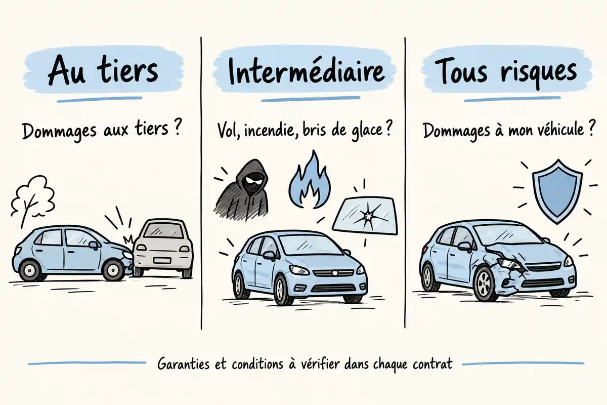 Au tiers, intermédiaire ou tous risques : identifier les dommages à couvrir et vérifier les garanties propres à chaque contrat.