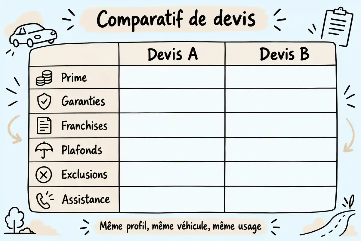 Comparer deux devis à profil, véhicule et usage identiques en examinant prime, garanties, franchises, plafonds, exclusions et assistance.