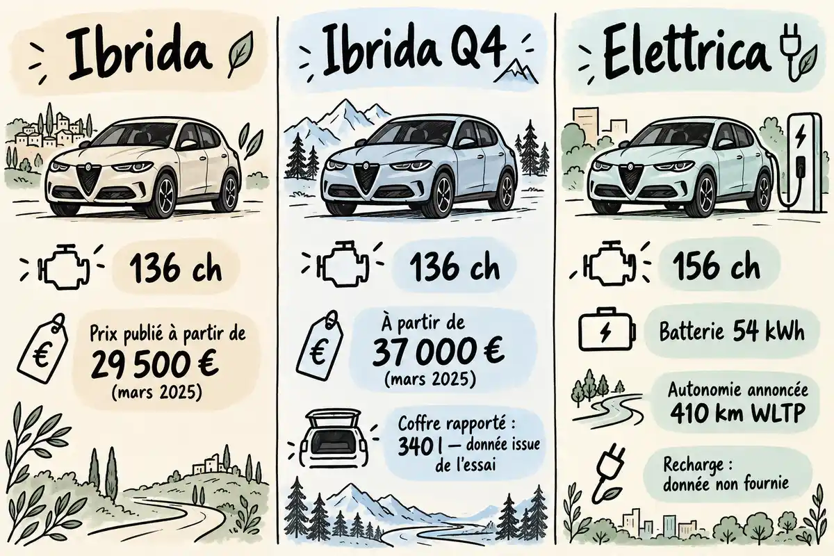 Schéma comparatif dessiné à la main de trois versions de l’Ibrida : Ibrida, Ibrida Q4 et Elettrica, avec leurs puissances et prix ou données de batterie, d’autonomie et de recharge.