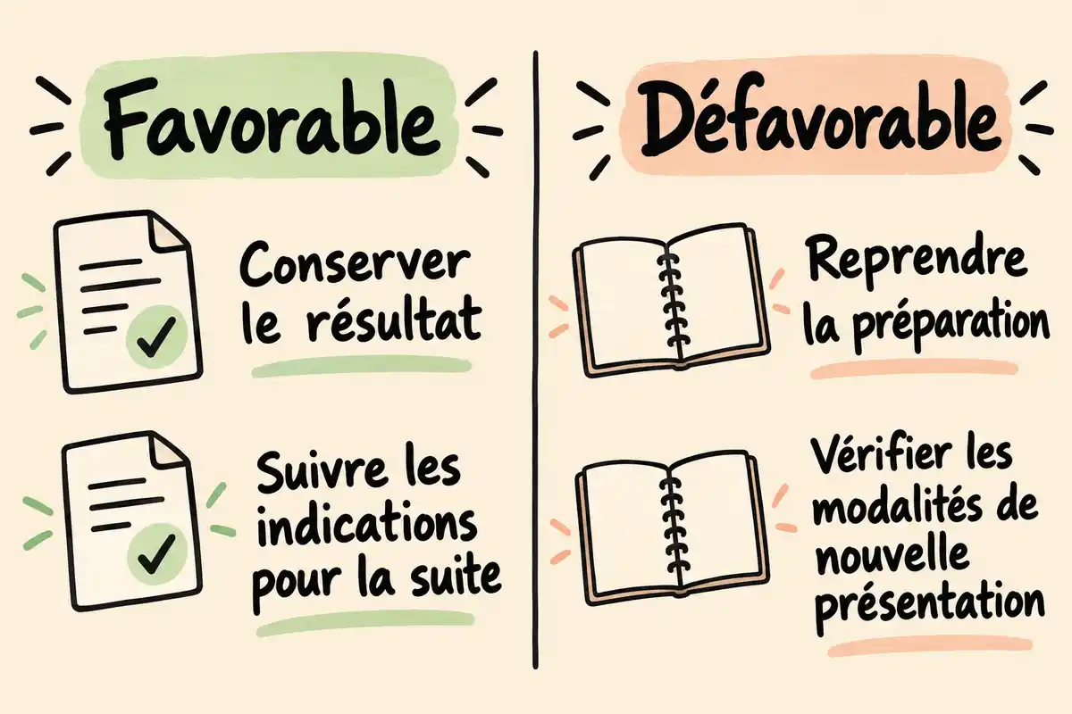 Un résultat favorable invite à suivre les indications pour la suite ; un résultat défavorable à reprendre la préparation et vérifier les modalités.