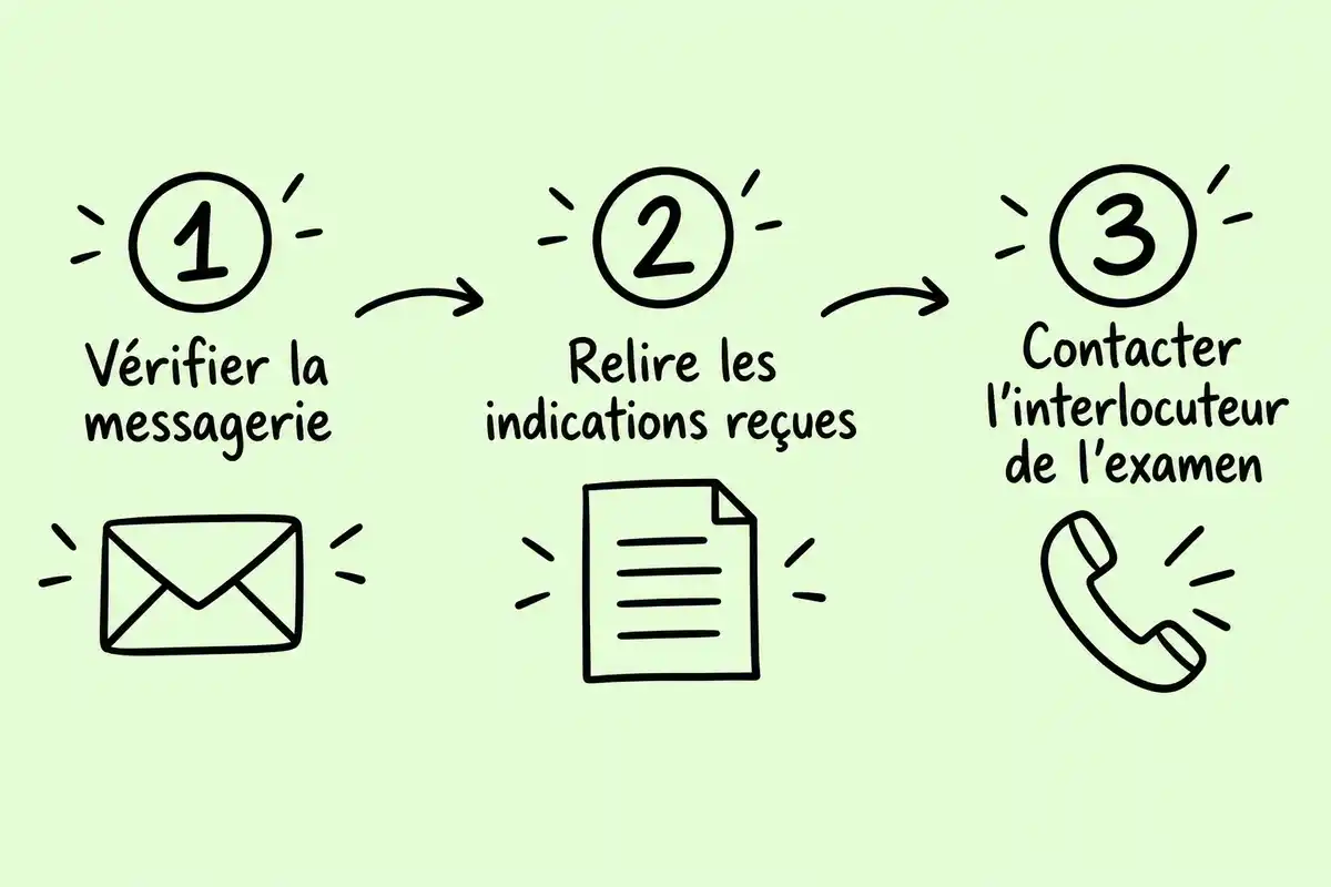 Sans message de résultat, vérifier la messagerie, relire les indications reçues, puis contacter l’interlocuteur de l’examen.