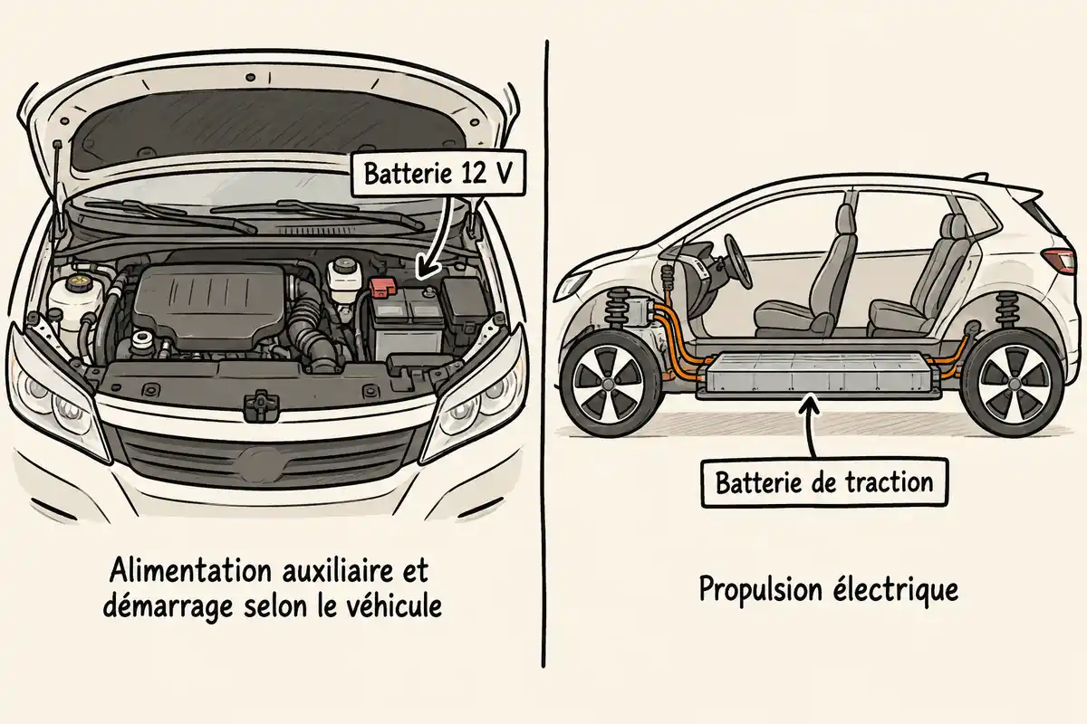 La batterie 12 V alimente les fonctions auxiliaires et le démarrage selon le véhicule, tandis que la batterie de traction propulse l’hybride ou l’électrique.