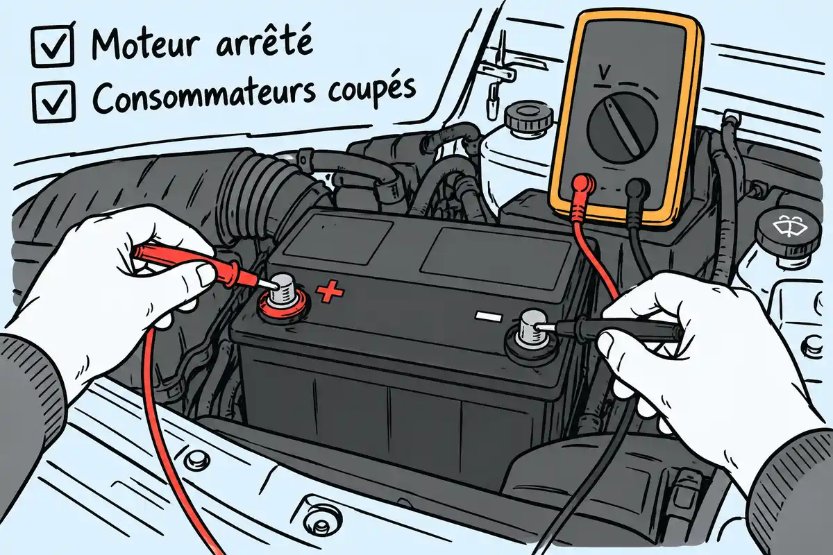 Pour contrôler la tension au repos, la sonde rouge touche la borne positive et la noire la borne négative, véhicule arrêté et consommateurs coupés.