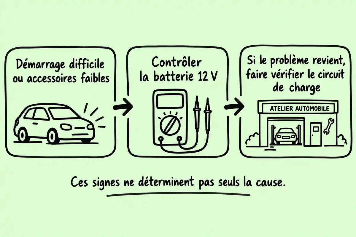 Un démarrage difficile ou des accessoires faibles conduisent à contrôler la batterie 12 V ; si le problème revient, le circuit de charge peut nécessiter une vérification.