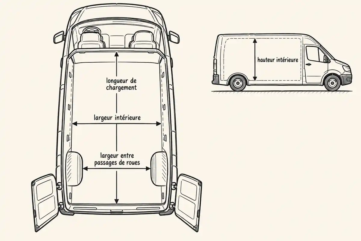 Vue de dessus d’un fourgon avec des flèches indiquant la longueur de chargement, la largeur intérieure et la largeur entre passages de roues, à côté d’une vue latérale indiquant la hauteur intérieure.