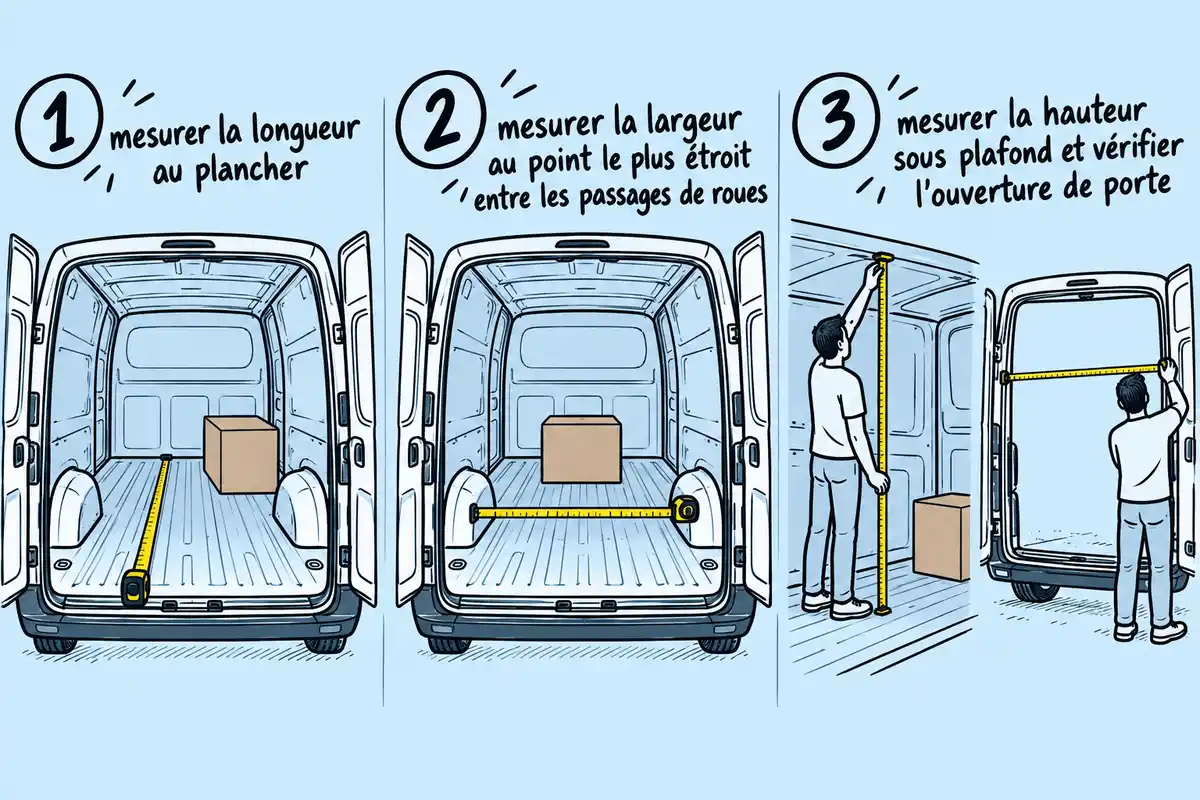 Infographie en trois étapes montrant où mesurer la longueur, la largeur et la hauteur dans un fourgon, avec une caisse rectangulaire.