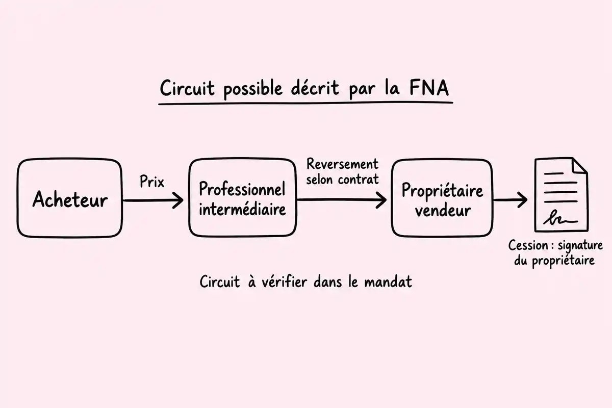 Le prix peut passer par un professionnel avant reversement au vendeur selon le contrat ; le circuit et la signature sont à vérifier.
