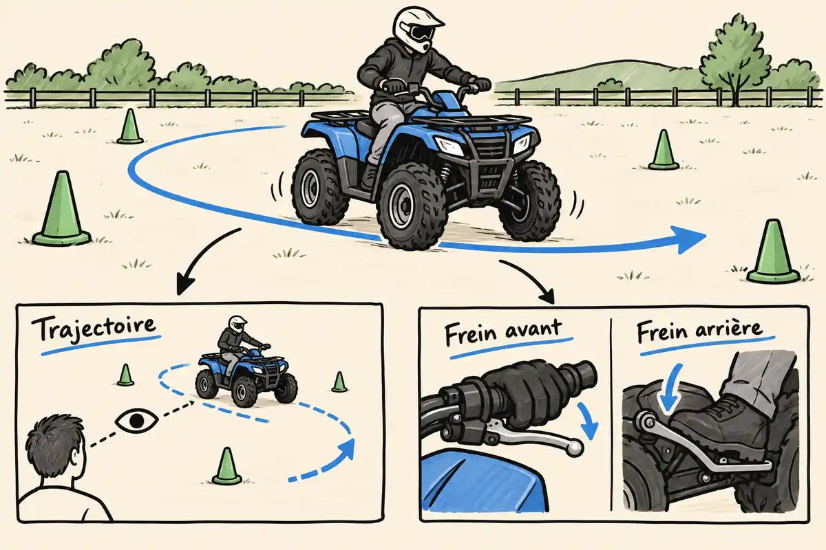 Un quad suit une trajectoire balisée par des cônes ; en dessous, trois vues montrent cette trajectoire et les freins avant et arrière.
