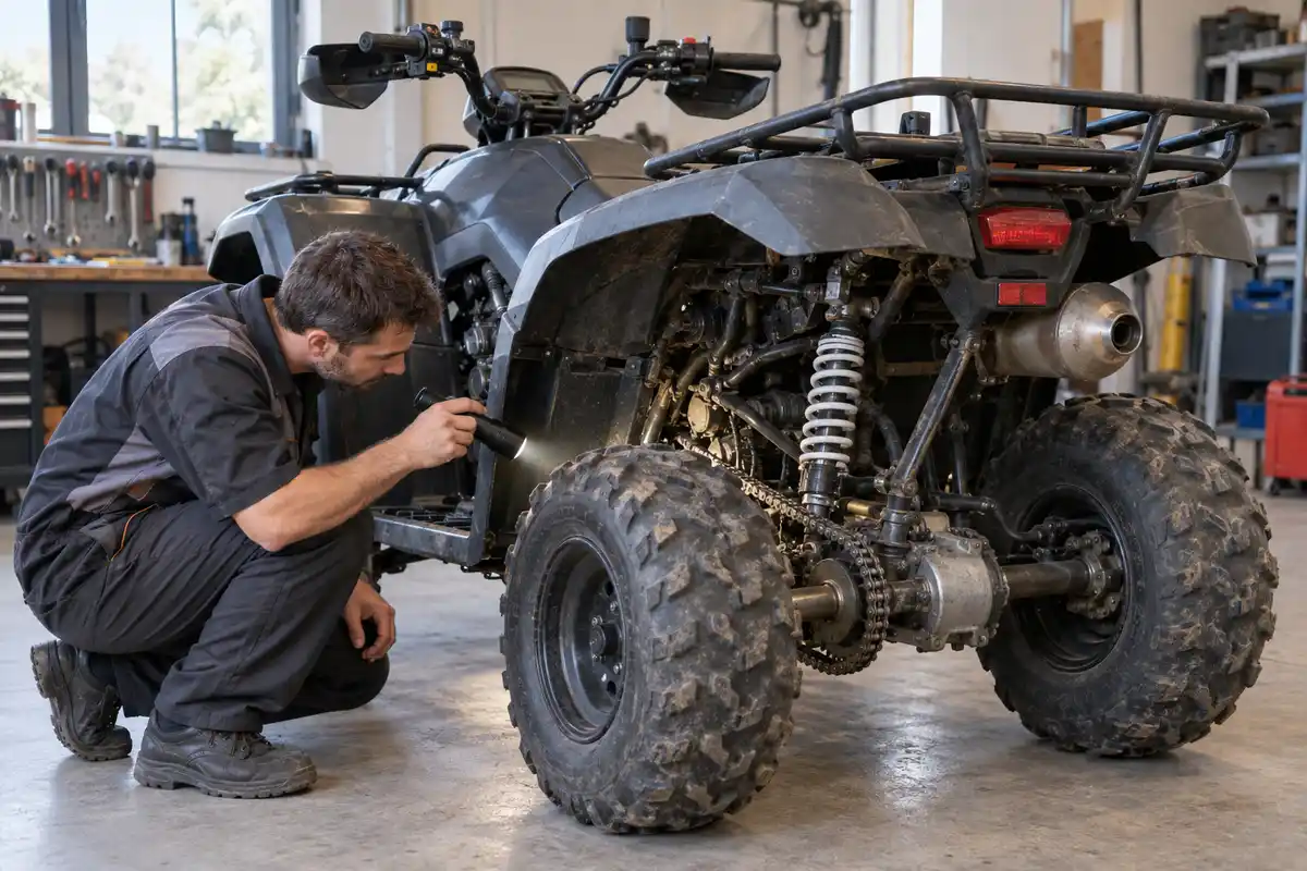 Un mécanicien accroupi examine avec une lampe la chaîne et la suspension arrière d’un quad dans un atelier.