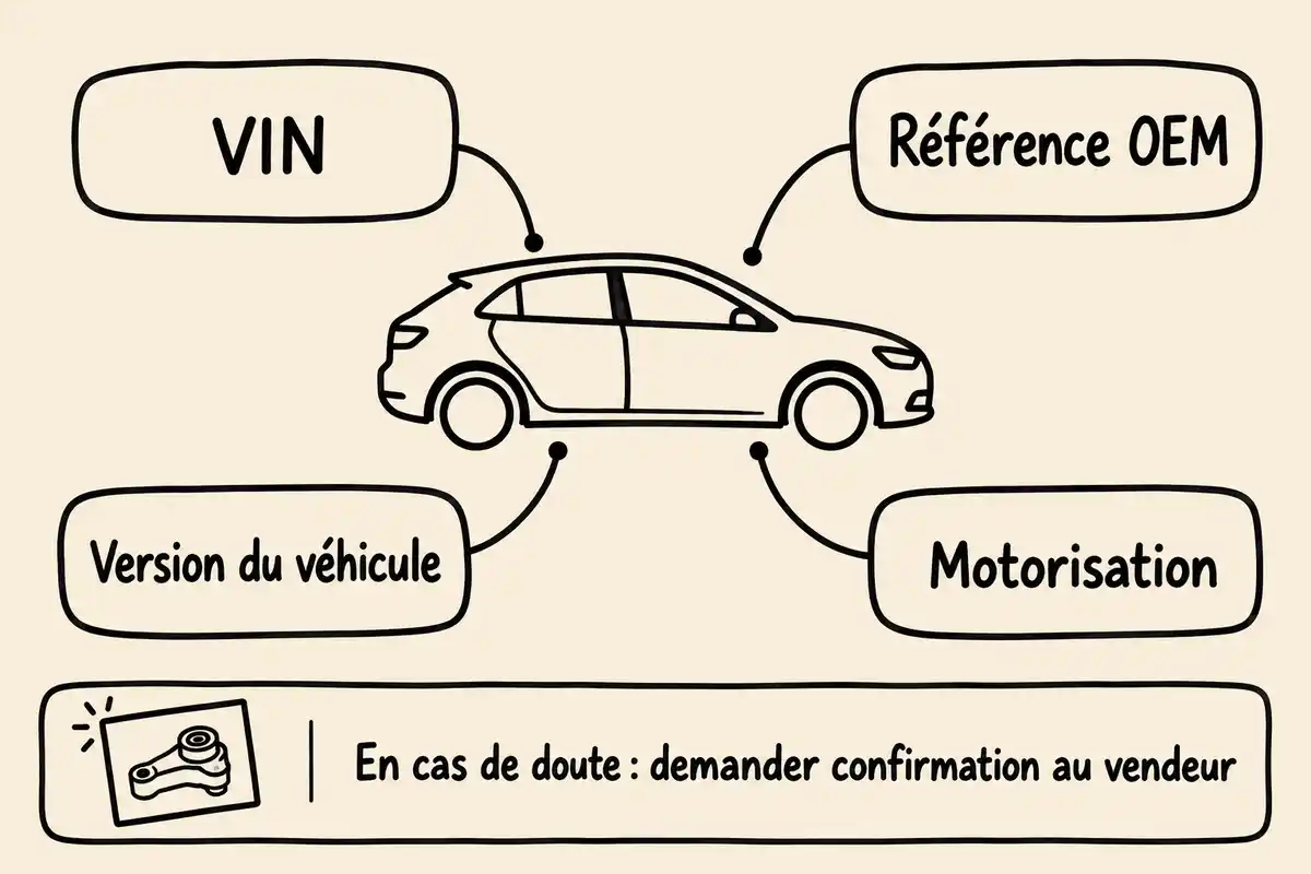 Schéma montrant une voiture reliée aux blocs « VIN », « Référence OEM », « Version du véhicule » et « Motorisation », avec un conseil de confirmation au vendeur en bas.