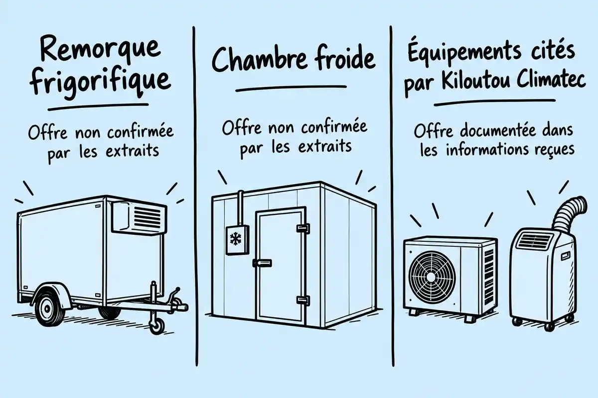 Trois colonnes présentent une remorque frigorifique, une chambre froide et des équipements cités par Kiloutou Climatec, accompagnés de notes sur les offres.