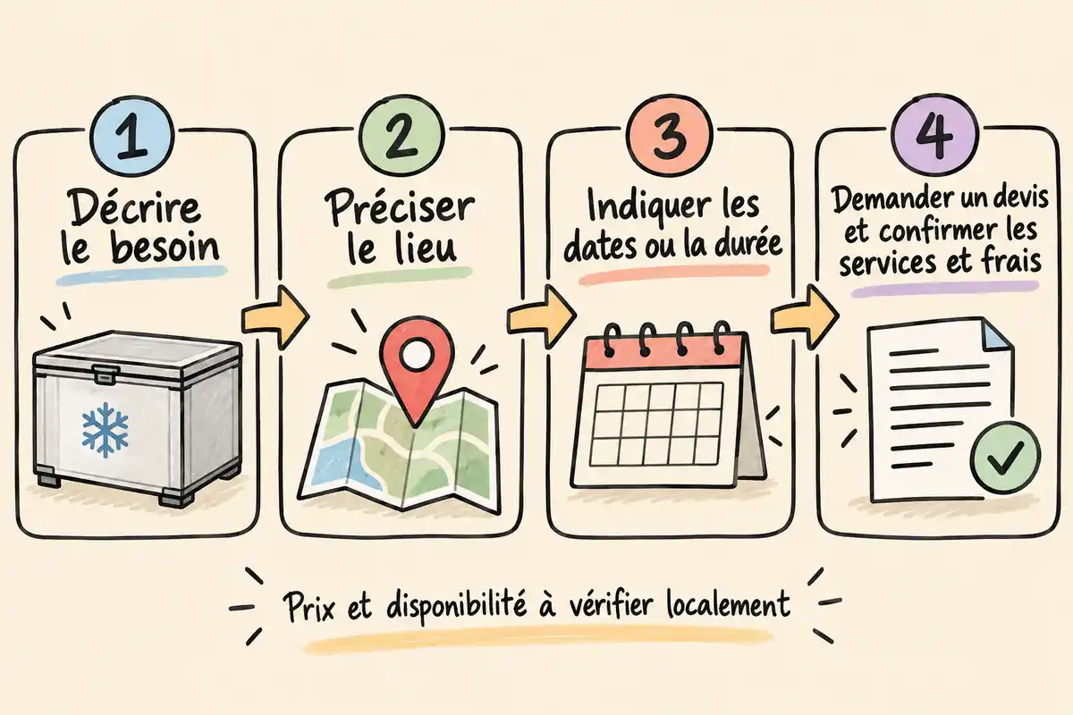 Parcours en quatre étapes pour décrire un besoin de caisse froide, préciser le lieu, indiquer les dates ou la durée, puis demander un devis et confirmer les services et frais. Une note indique que prix et disponibilité sont à vérifier localement.