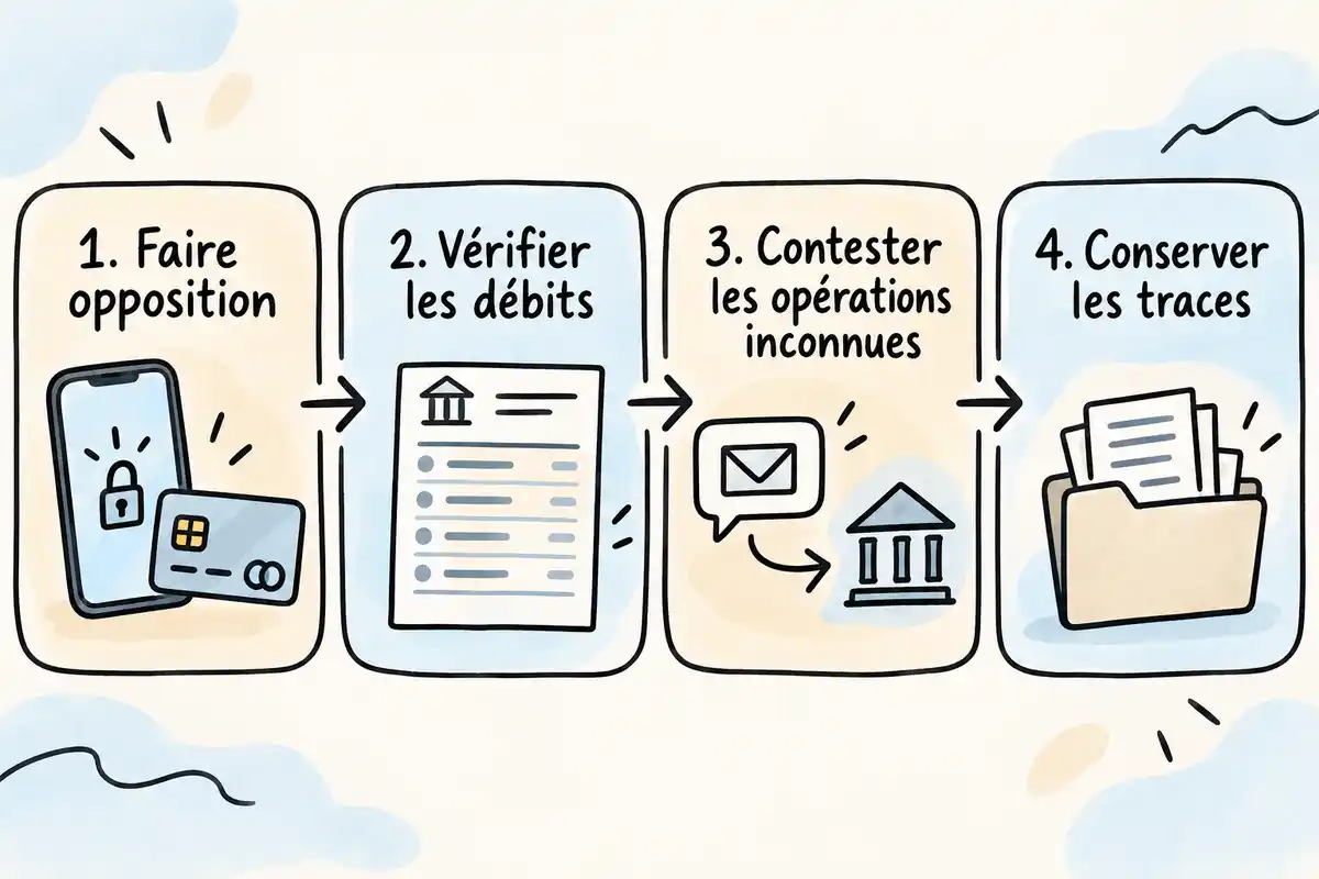 Après le vol, l’ordre des démarches va de l’opposition à la vérification des débits, puis à la contestation et à la conservation des traces.