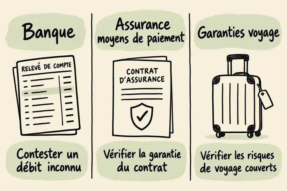 Contester un débit inconnu relève de la banque ; l’assurance moyens de paiement et les garanties voyage ont des objets distincts à vérifier.
