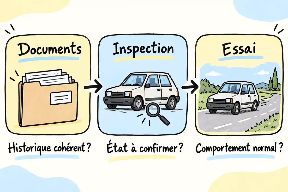 Pour structurer la visite d’une voiture d’occasion, vérifier les documents, inspecter l’état du véhicule, puis faire un essai.