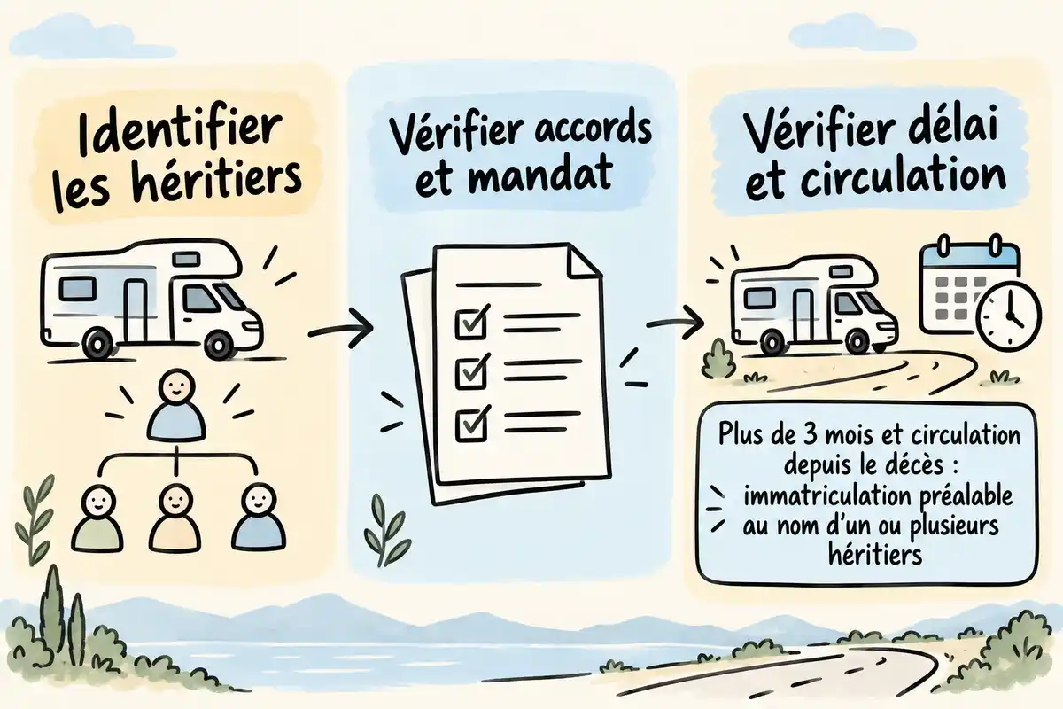 Après un décès, identifier les héritiers concernés, vérifier leurs accords ou mandats et contrôler les formalités d’immatriculation.