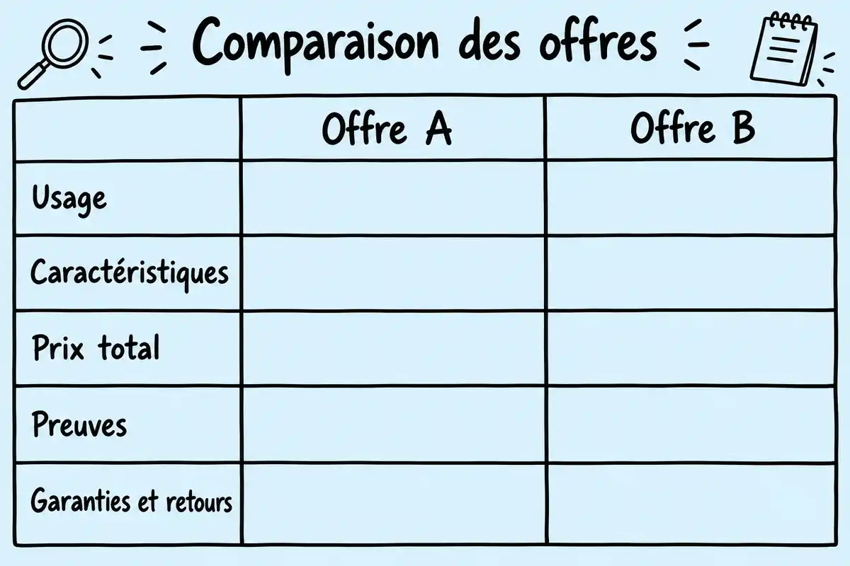 Pour comparer deux offres de même usage, mettez en regard leurs caractéristiques, prix total, preuves et garanties ou retours.