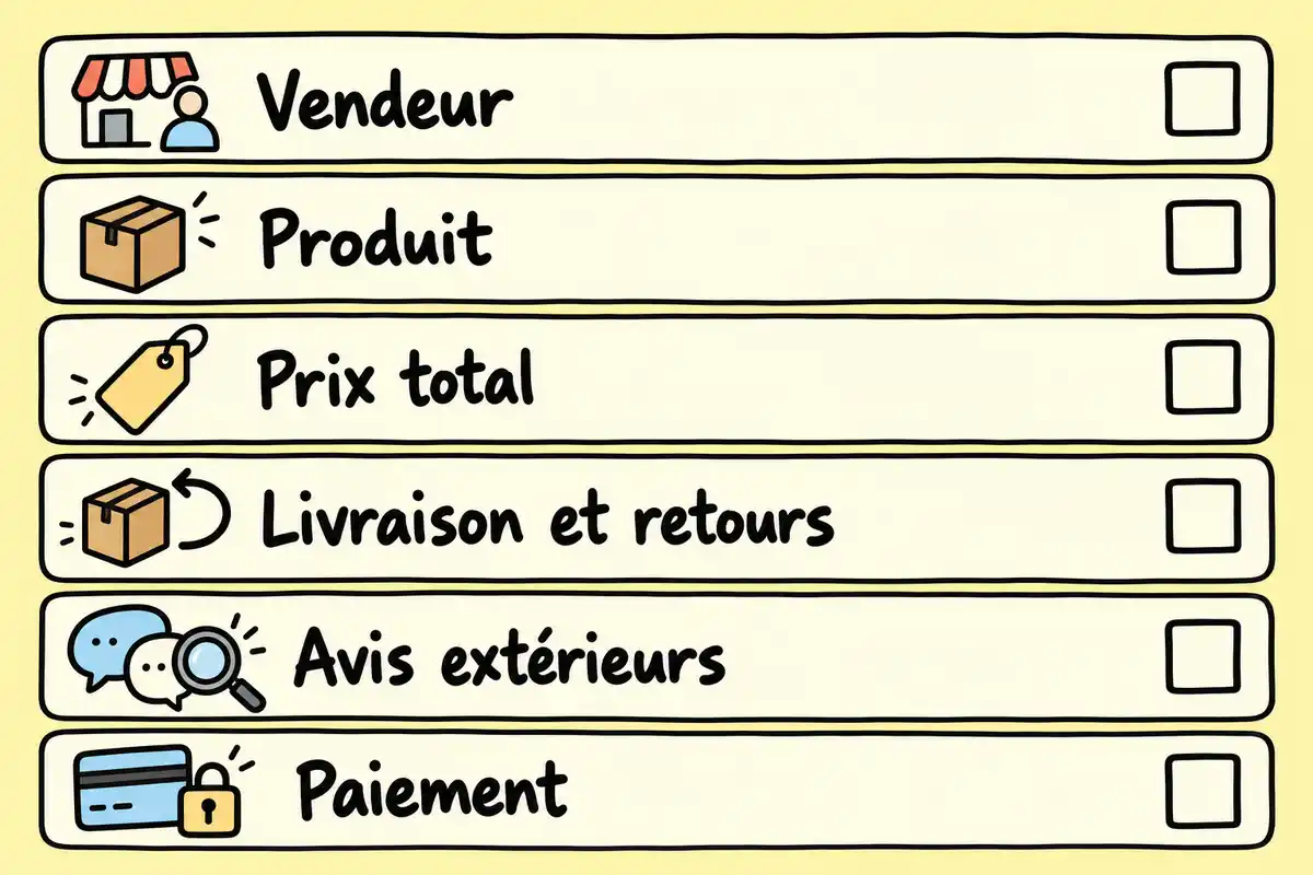 Avant de payer, contrôlez le vendeur, le produit, le prix total, la livraison et les retours, les avis extérieurs et le paiement.
