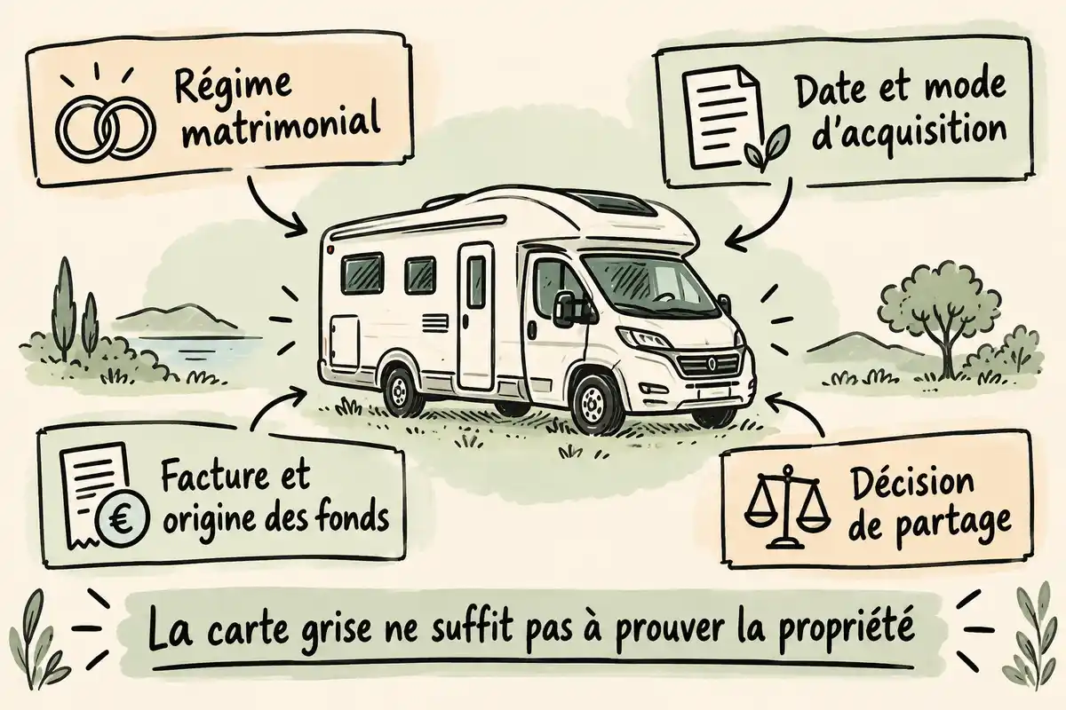 Pour établir la propriété du camping-car lors d’un divorce, confronter le régime matrimonial, l’acquisition, les fonds et le partage.
