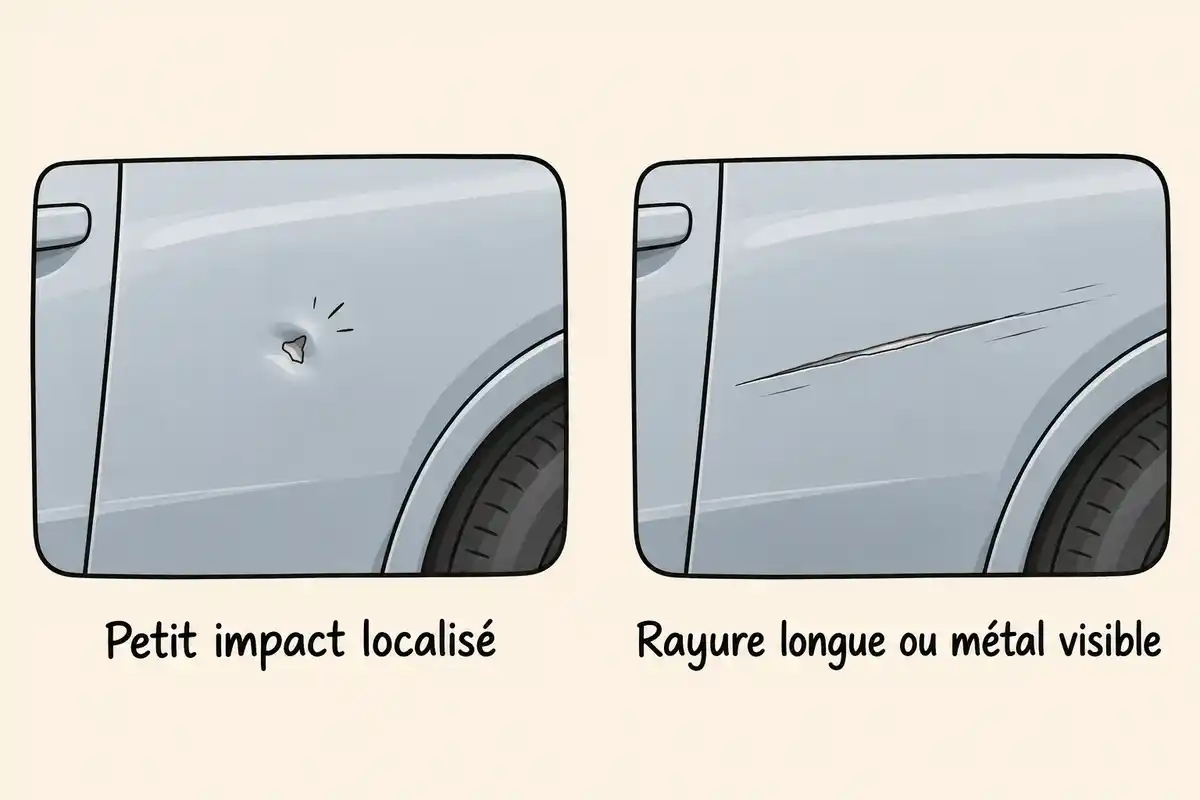 Un petit impact localisé peut orienter vers une retouche, tandis qu’une rayure longue ou laissant voir le métal appelle un avis adapté.