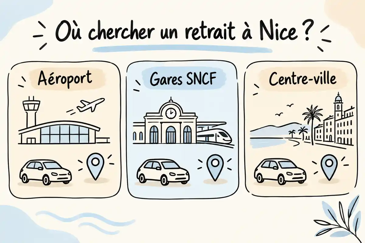 À Nice, l’aéroport, les gares SNCF et le centre-ville sont trois secteurs de retrait à choisir selon l’arrivée et le programme.
