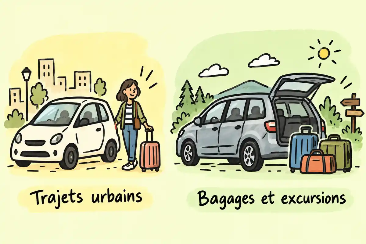 Une citadine convient aux trajets urbains, tandis qu’un véhicule plus spacieux peut mieux accueillir passagers et bagages pour les excursions.