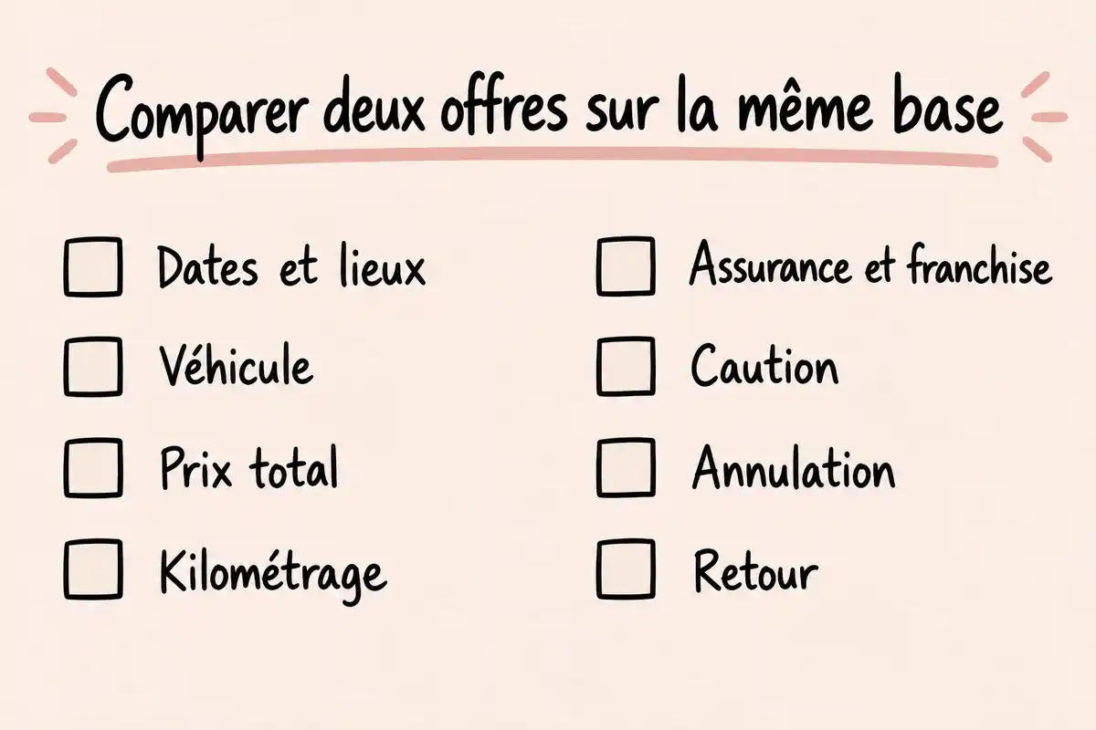Comparer deux offres de location suppose d’aligner dates, lieux et véhicule, puis d’examiner prix total, kilométrage, garanties, caution et modalités.