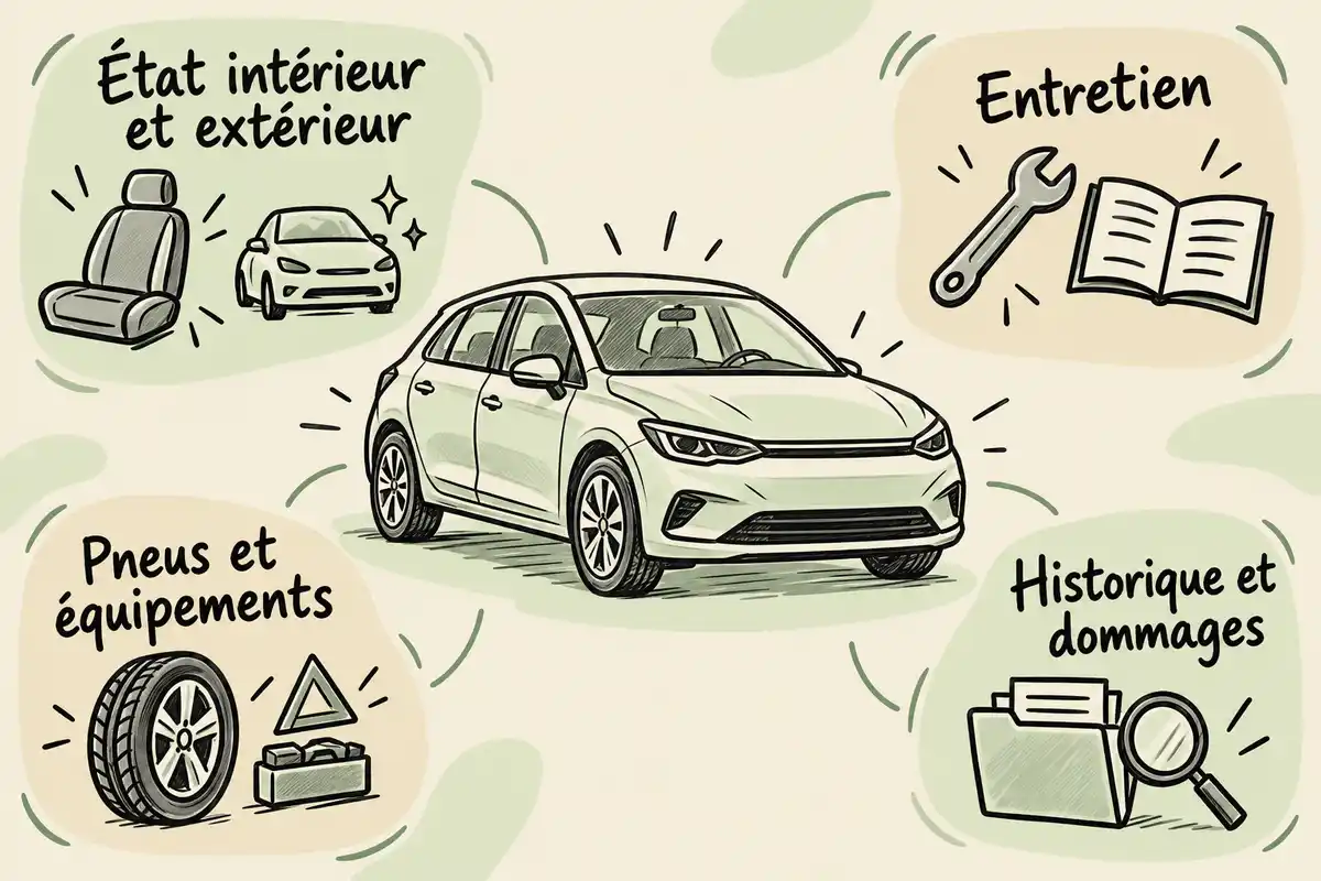 État, entretien, pneus, équipements et historique aident à décrire la voiture réelle, sans permettre de déduire une décote automatique.