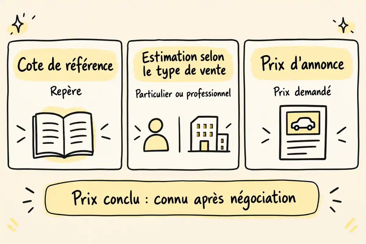 Cote de référence, estimation selon le canal de vente et prix d’annonce sont des repères distincts ; le prix conclu vient après négociation.