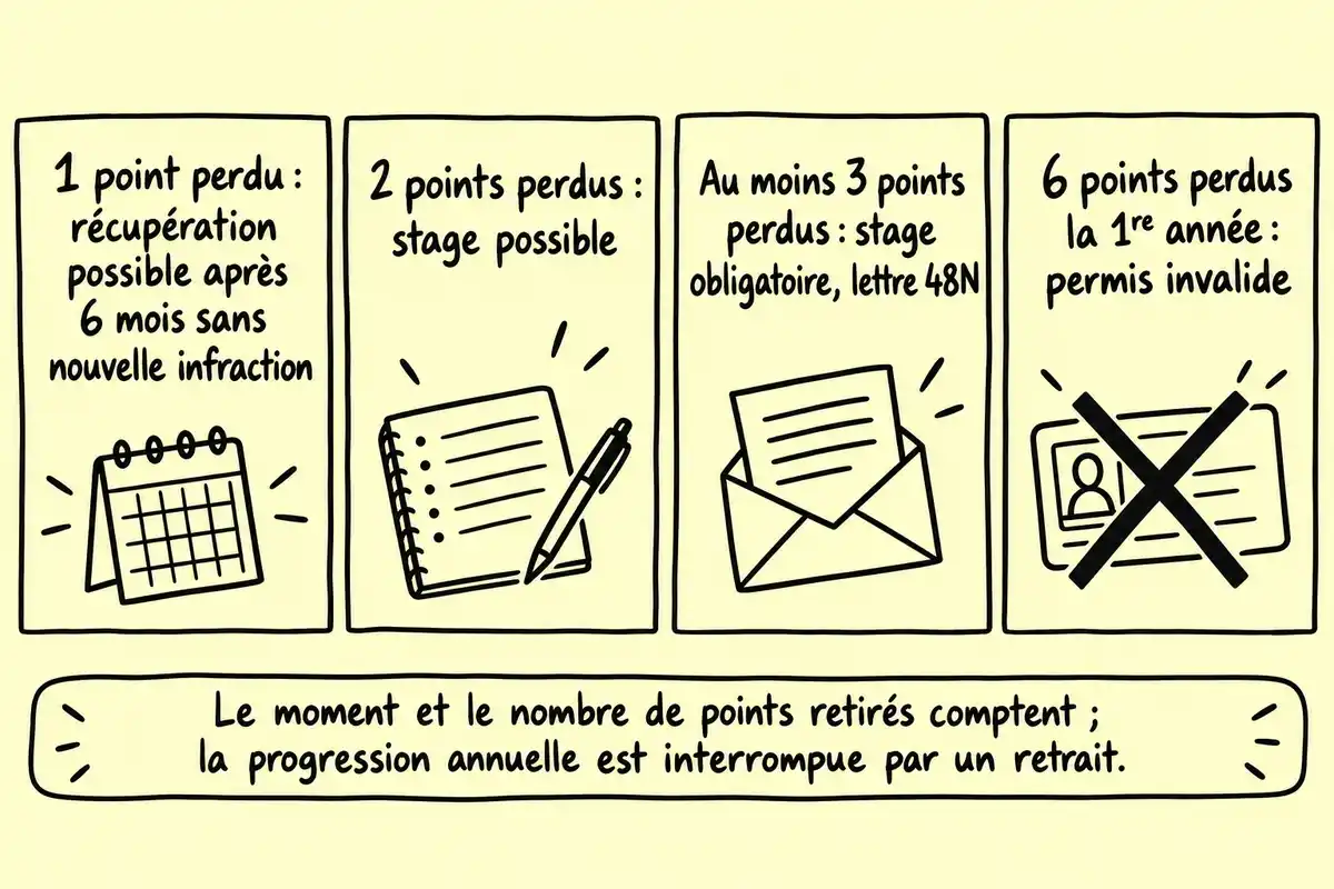 Les conséquences d’un retrait varient selon le nombre de points perdus ; tout retrait interrompt aussi la progression annuelle prévue.